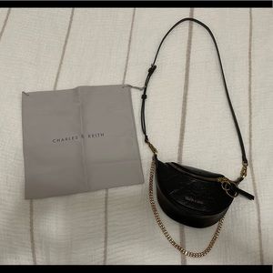 Charles & Keith Fanny Pack in Black Leather with Gold Hardware